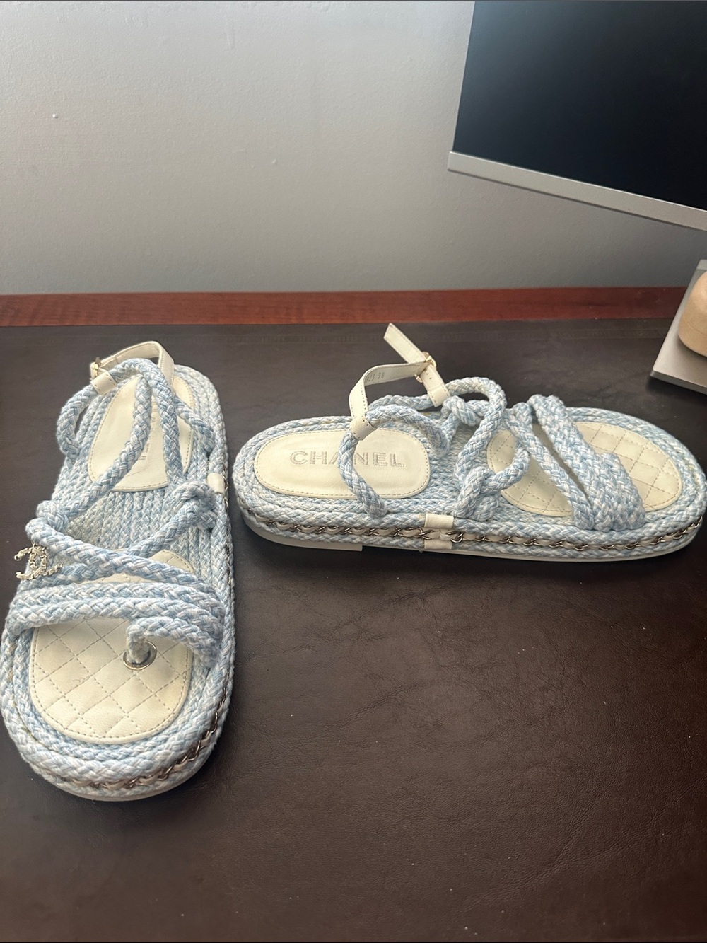 CHANEL Light Blue Braided Rope Sandals with Cream Accents